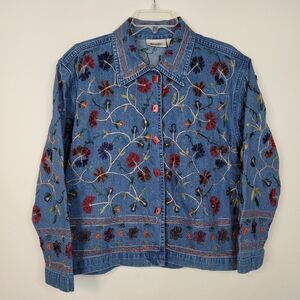 VTG Units Denim Jacket Blue Embroidered Floral Womens M Cottagecore Indie Boho